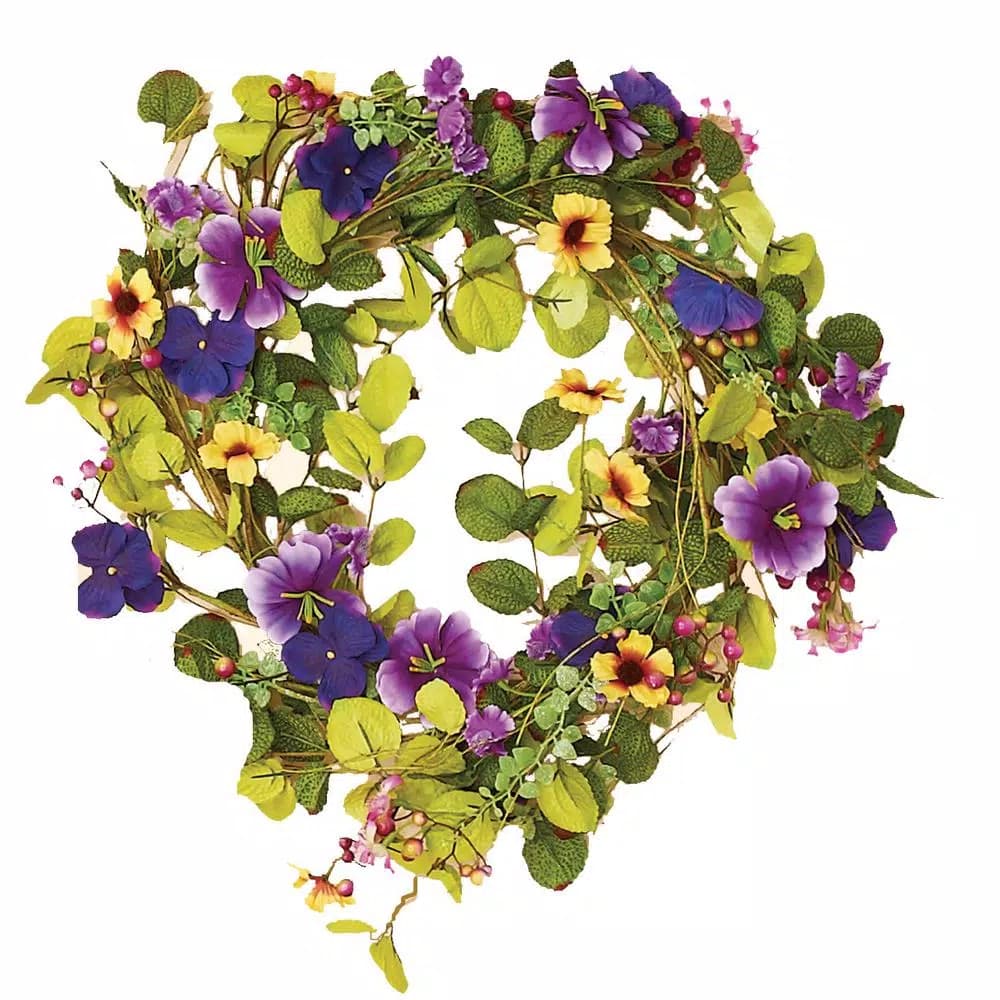 Worth Imports 22 in. Purple Mixed Spring Wreath with Pansies, Yellow Blooms, and Berries