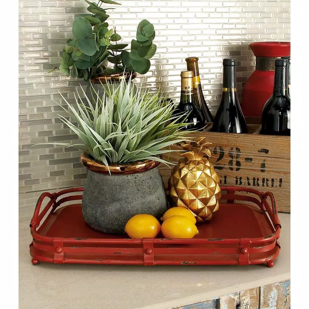 LITTON LANE Farmhouse Rustic Red Metal Wagon Top Decorative Trays, Set of 2