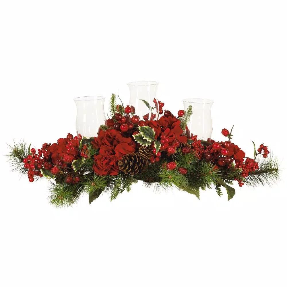Nearly Natural 30 in. Holiday Hydrangea Candelabrum Centerpiece with 3 Glass Hurricane Holders