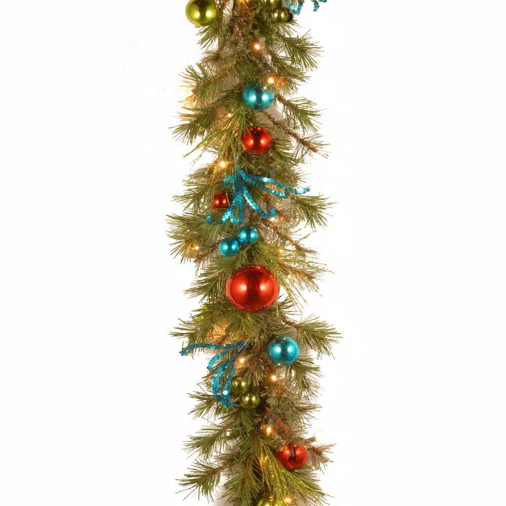 Unbranded 9 ft. Retro LED Holiday Garland with Multicolor Ball Ornaments and Battery Operated Warm White Lights