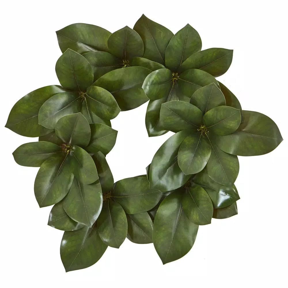 Nearly Natural 22 in. Magnolia Leaf Artificial Wreath, Glossy Green Silk Leaves