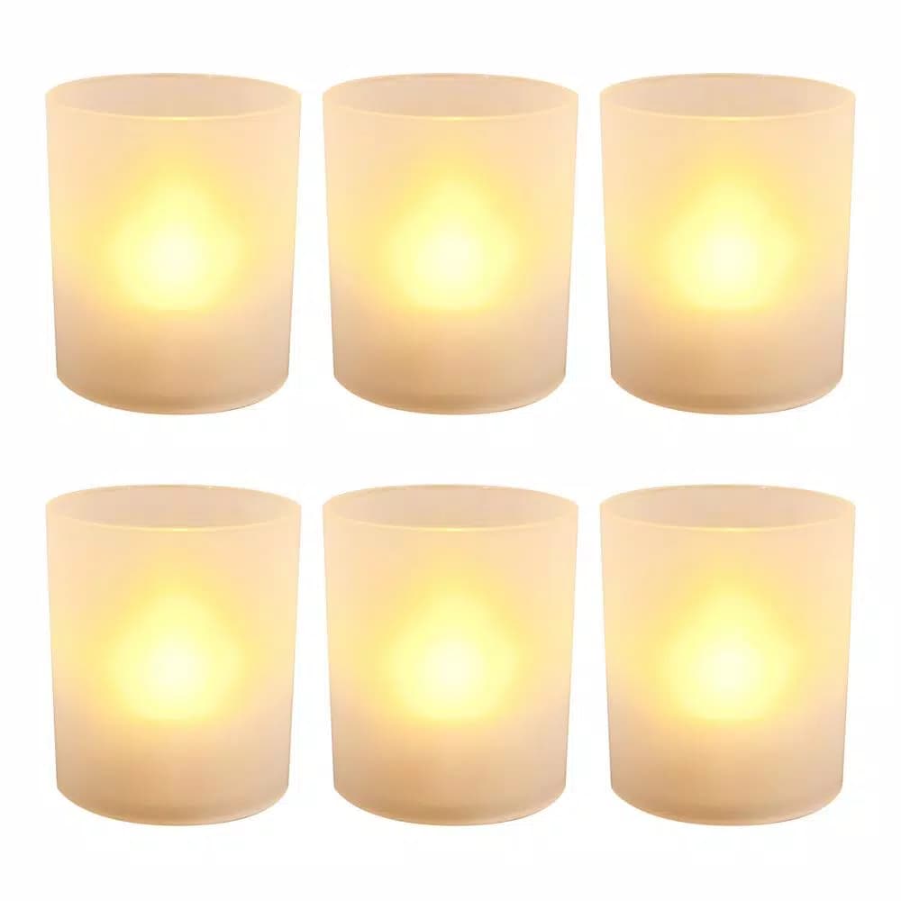 LUMABASE Flameless Votive LED Candles with Amber Frosted Plastic Holders, 6 Count