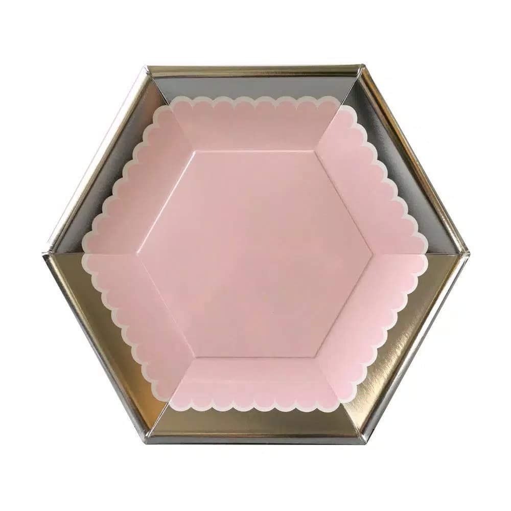 Sugar Plum Party SugarPlum Collection Hexagon Blush Pink Dinner Plates with Metallic Silver Rim, 16-Piece Set
