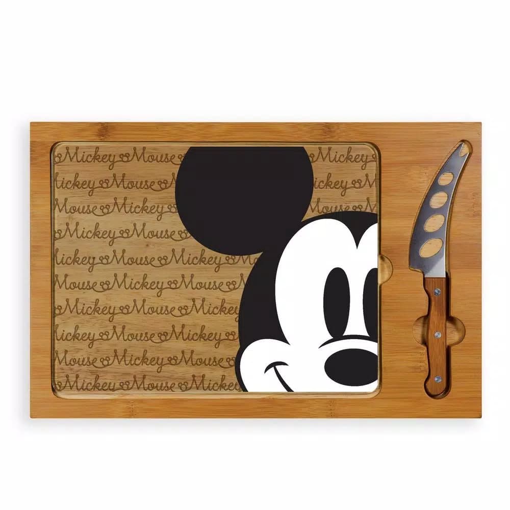 TOSCANA Mickey Mouse Icon Glass Top Serving Tray and Cheese Knife Set, Rubberwood & Bamboo