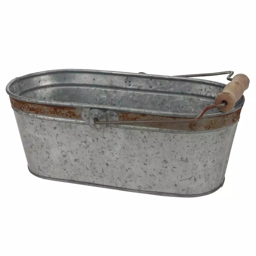 Stonebriar Collection 12 in. Galvanized Metal Decorative Bucket with Rust Trim and Wooden Detail Handle