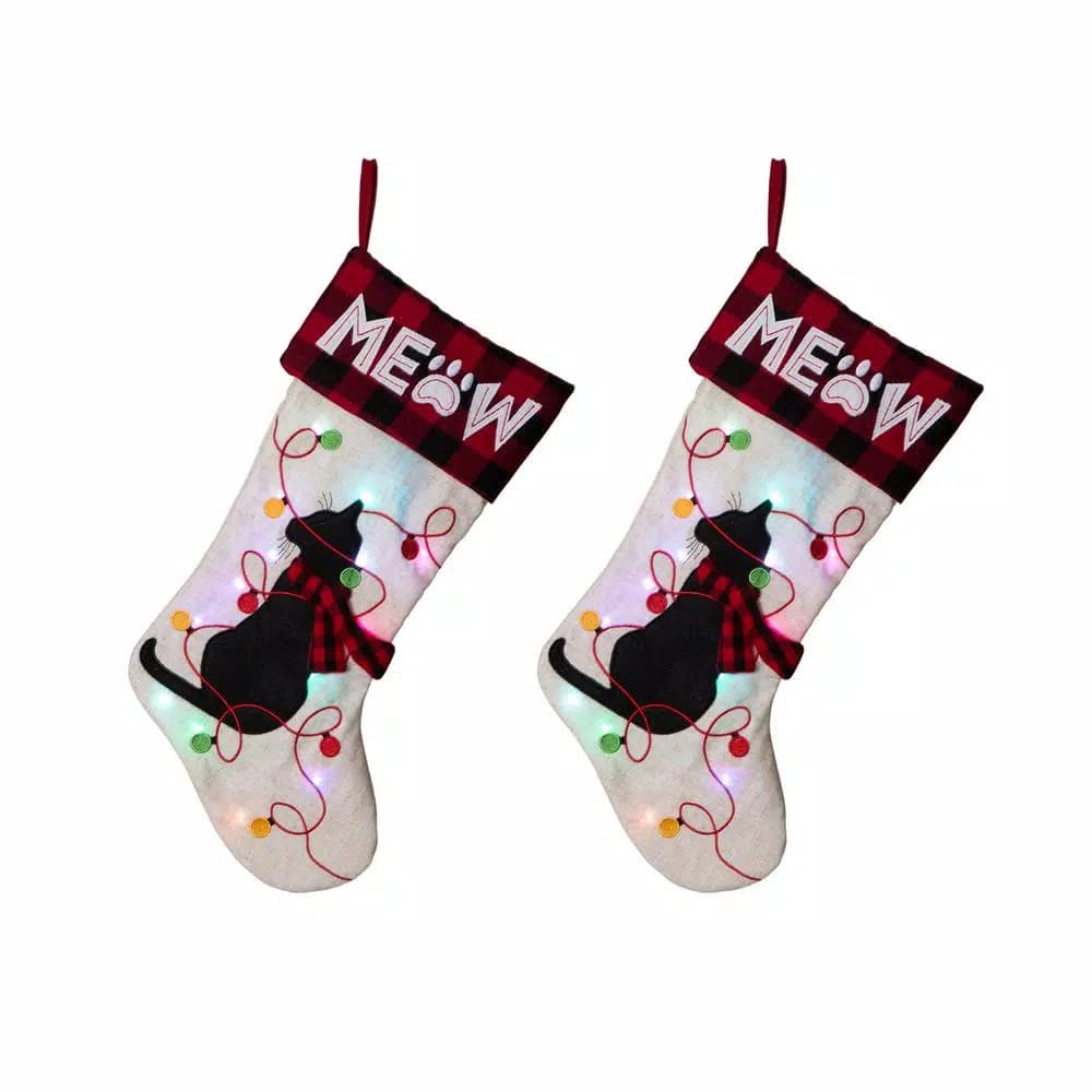 Glitzhome 21 in. LED Embroidered Cat Christmas Stockings, Cream Linen Style Polyester (2-Pack)