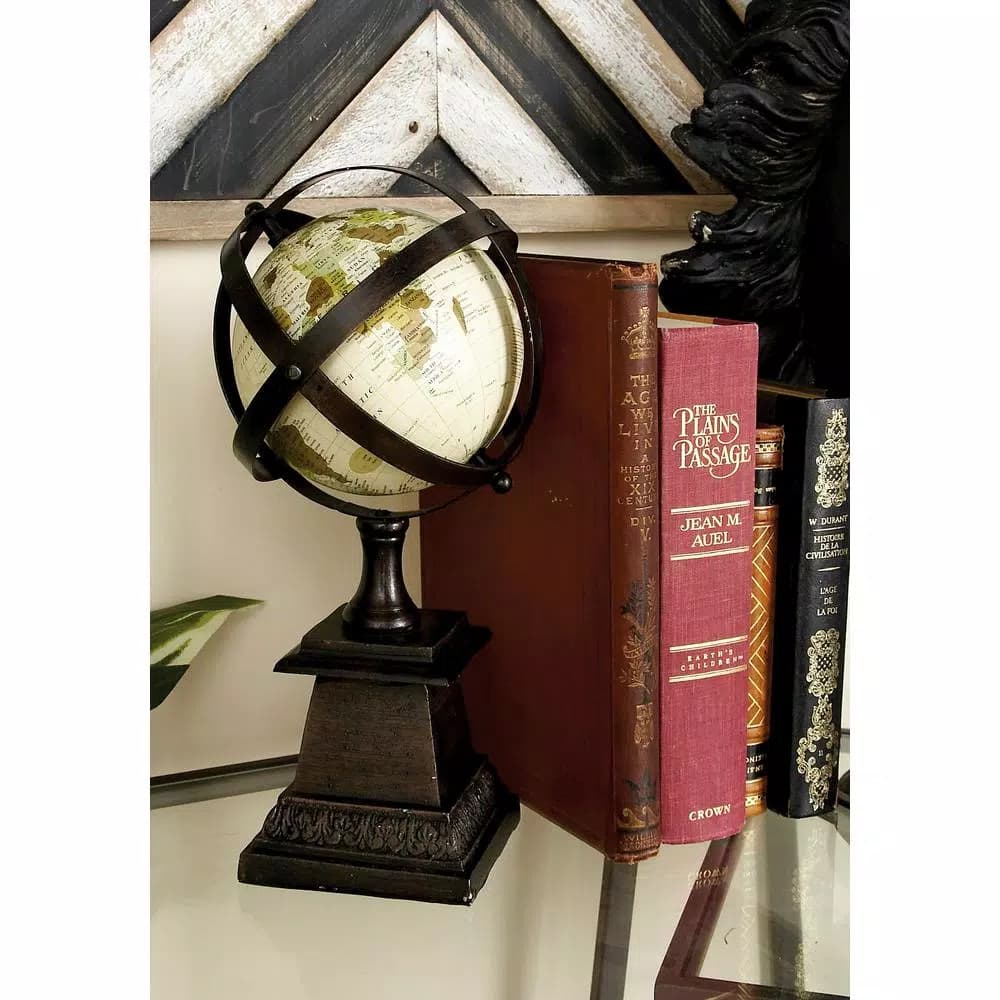LITTON LANE Nautical Decorative Globe with Aluminum Axis-Banded Frame and Brown Wood Finish Stand