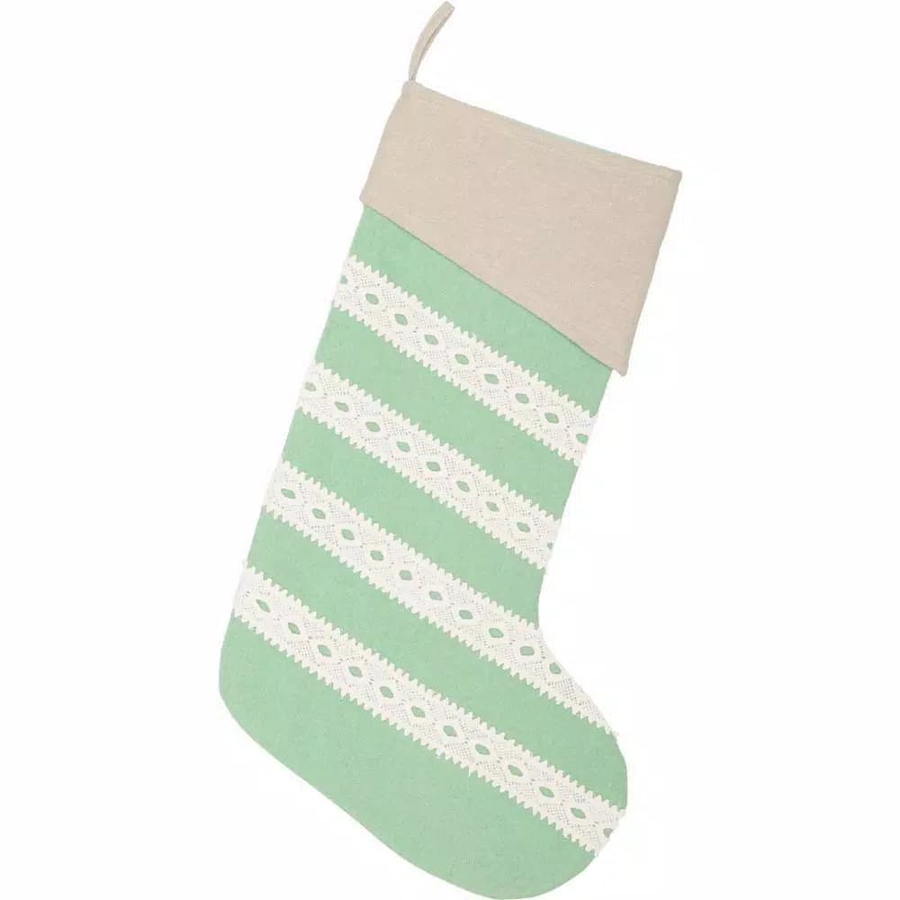 VHC Brands 20 in. Mint Margot Farmhouse Christmas Stocking with Diamond Cut Lace and Cotton/Felt
