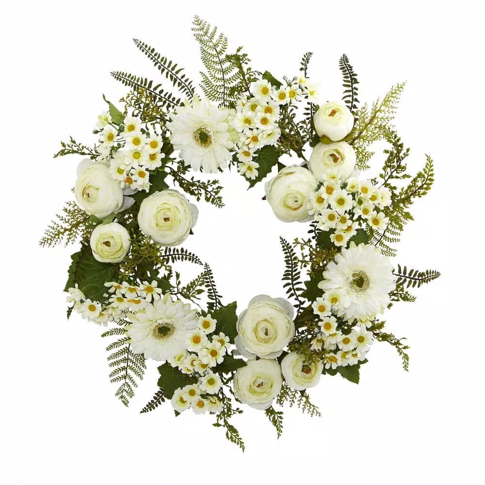 Nearly Natural 24 in. Mixed White Daisies and Ranunculus Artificial Flower Wreath