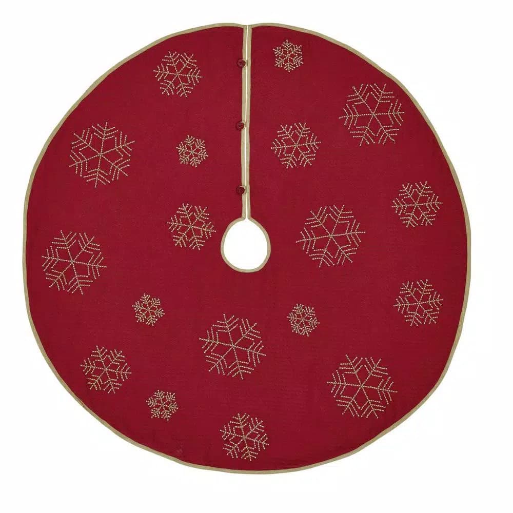 VHC Brands Revelry 48 in. Brick Red Traditional Christmas Tree Skirt with Embroidered Snowflakes