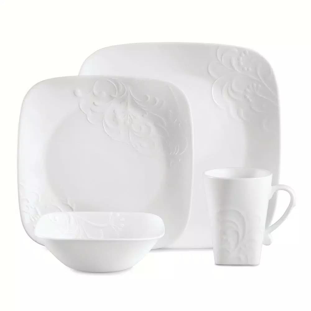 Corelle Boutique 16-Piece Cherish Porcelain Dinnerware Set, White Embossed Floral, Service for 4