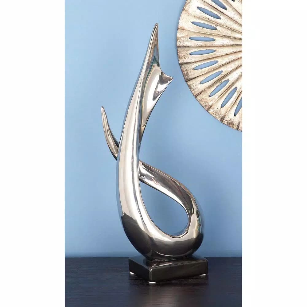 LITTON LANE Modern Reflections 17 in. Silver Porcelain Abstract Loop Sculpture with Black Base