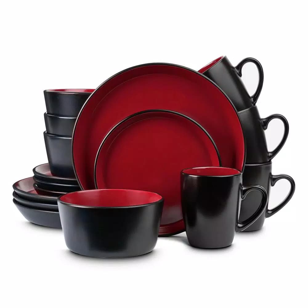 STONE LAIN 16-Piece Red and Black Stoneware Dinnerware Set, Service for 4