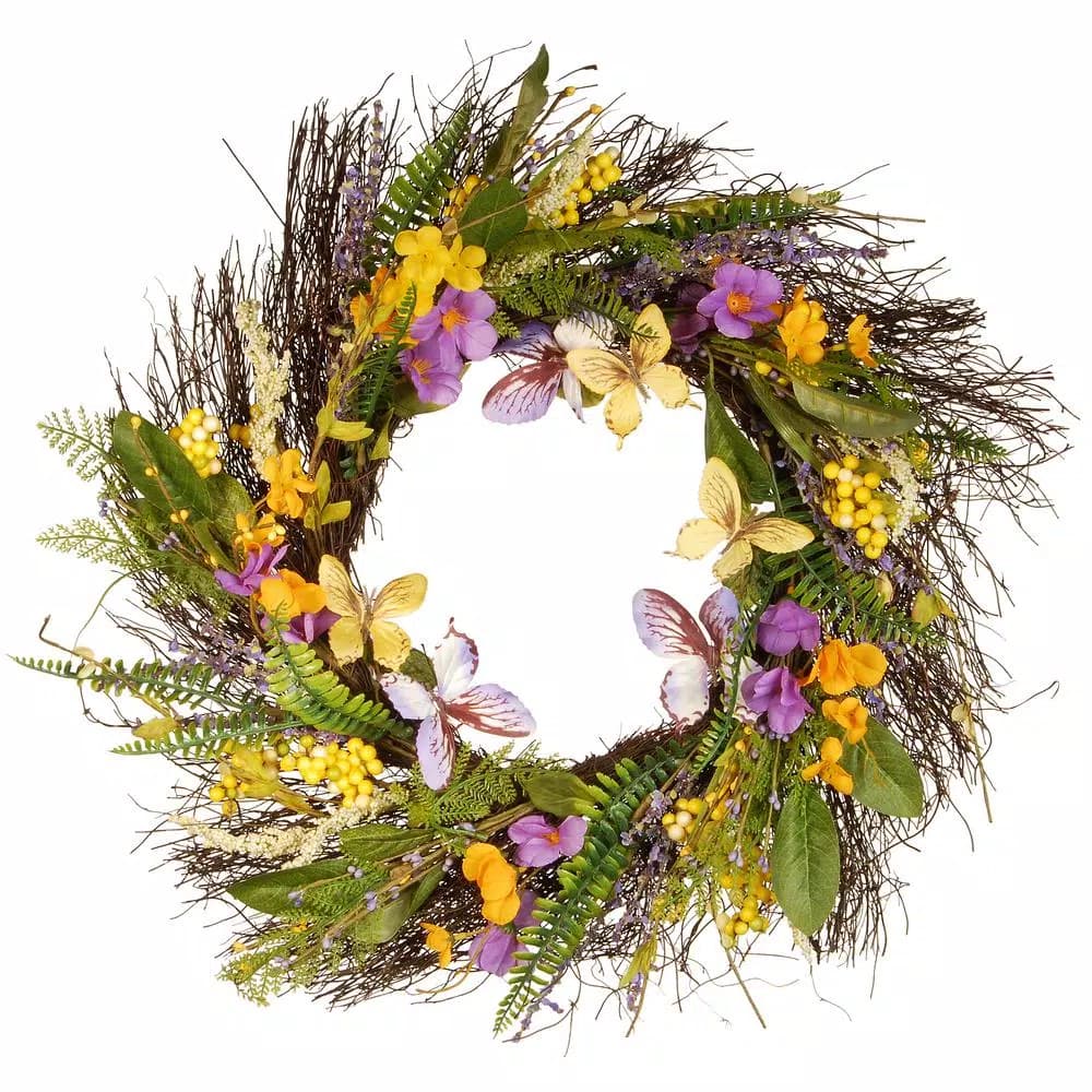 National Tree Company 24 in. Spring Mixed Flowers Wreath with Butterflies and Berries