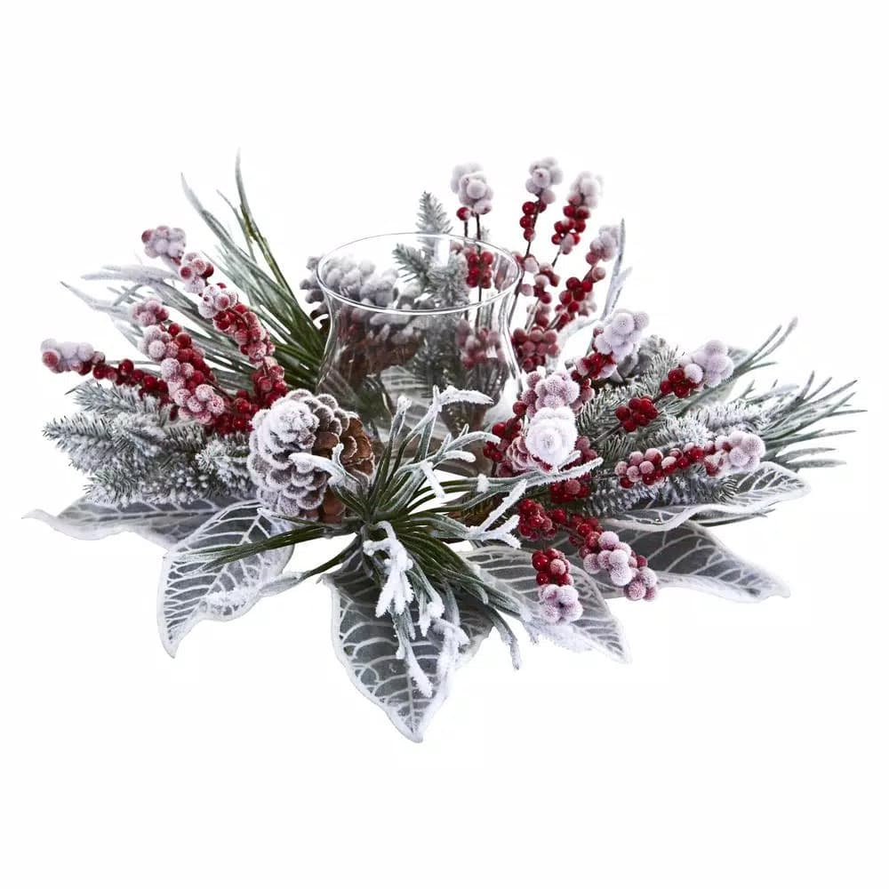 Nearly Natural Snowy Magnolia Berry Artificial Arrangement Candelabrum Centerpiece