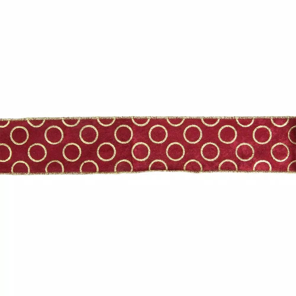 Northlight Metallic Red and Gold Circle Pattern Wired Craft Ribbon, 2.5 in. x 16 yds.