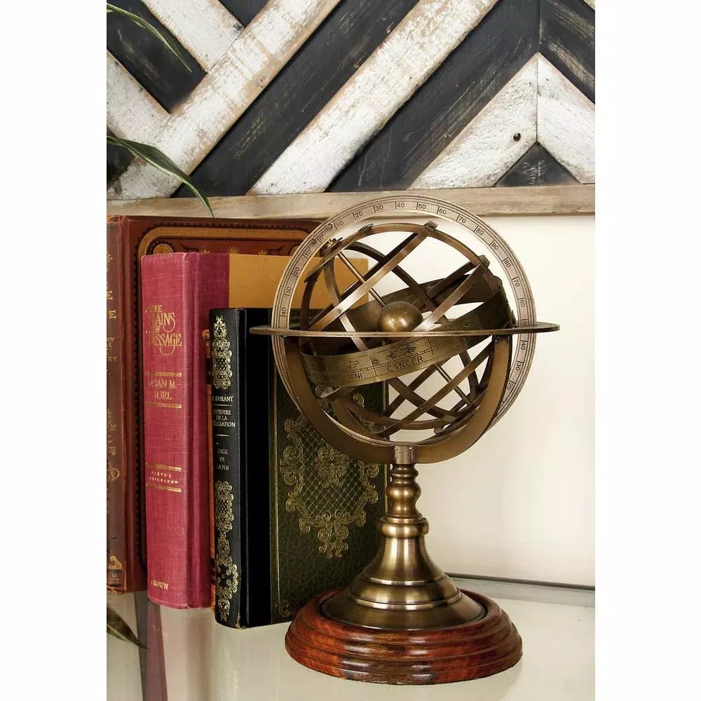 LITTON LANE Nautical Brass Armillary Sphere with Cherry Wood Finish Stand