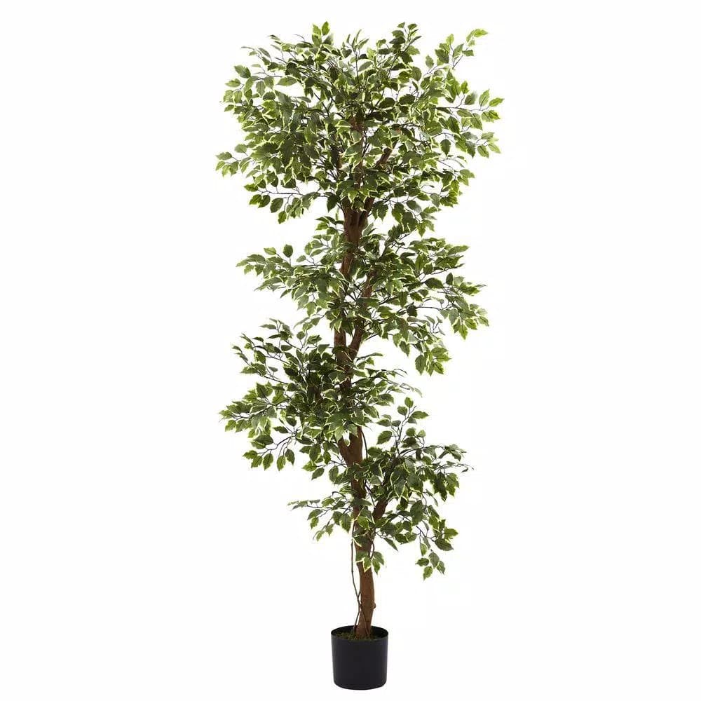 Nearly Natural 6 ft. Variegated Ficus Silk Tree - Layered Topiary Style Artificial Plant