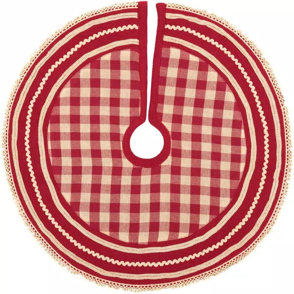 VHC Brands 21 in. Gretchen Cherry Red and Creme Check Farmhouse Christmas Mini Tree Skirt
