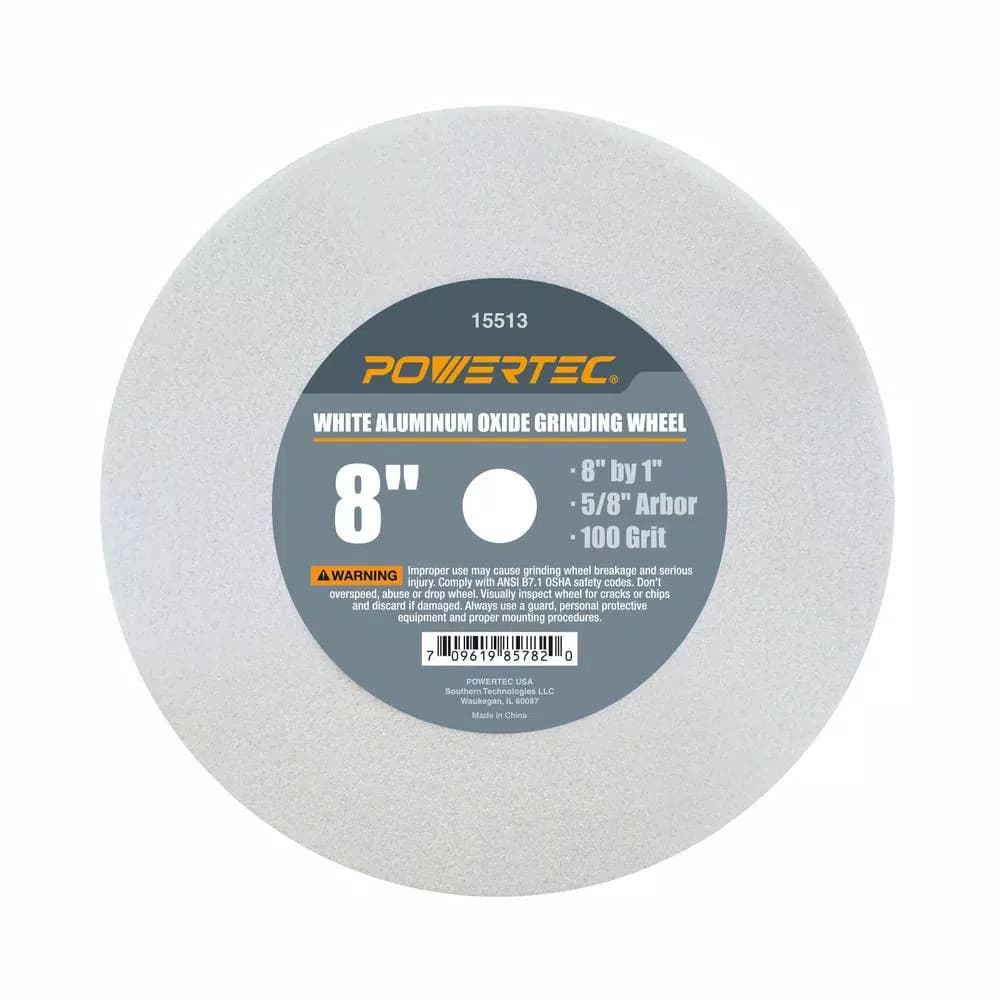 POWERTEC 8 in. White Aluminum Oxide Grinding Wheel, 100 Grit, 5/8 in. Arbor