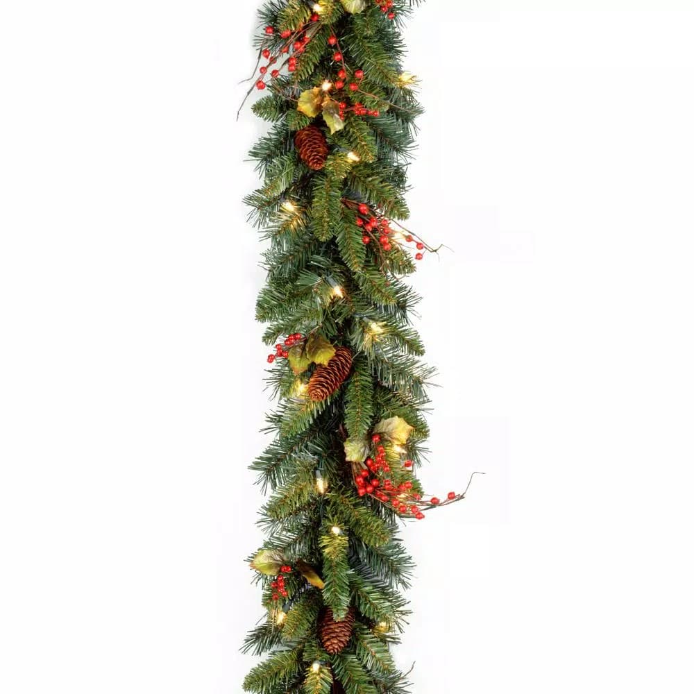 Unbranded Classical Collection 9 ft. Artificial Garland with 50 Clear Lights, Red Berries, Holly & Pine Cones