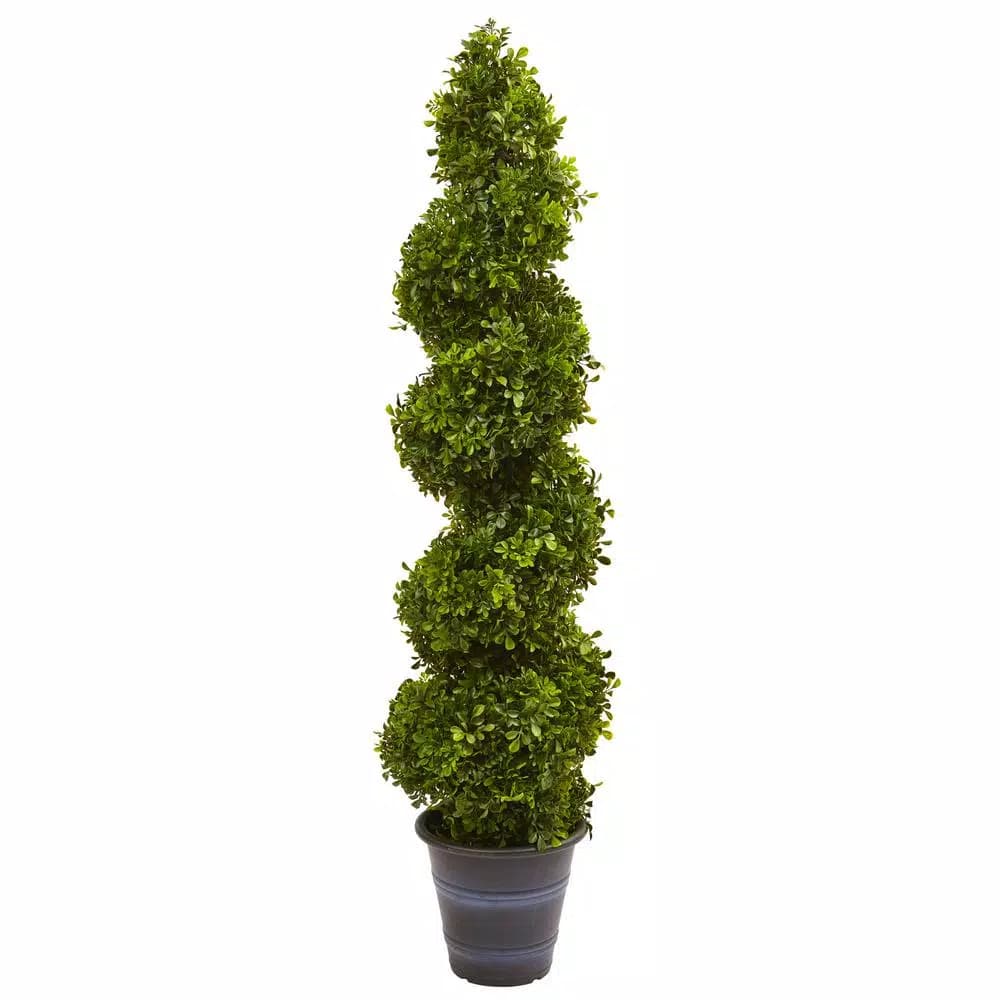 Nearly Natural 48 in. Boxwood Spiral Topiary with Gray Planter - Indoor/Outdoor Artificial Plant
