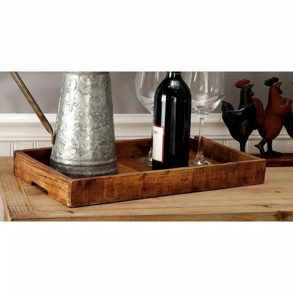 LITTON LANE Farmhouse Brown Decorative Wooden Slat Trays, Set of 3
