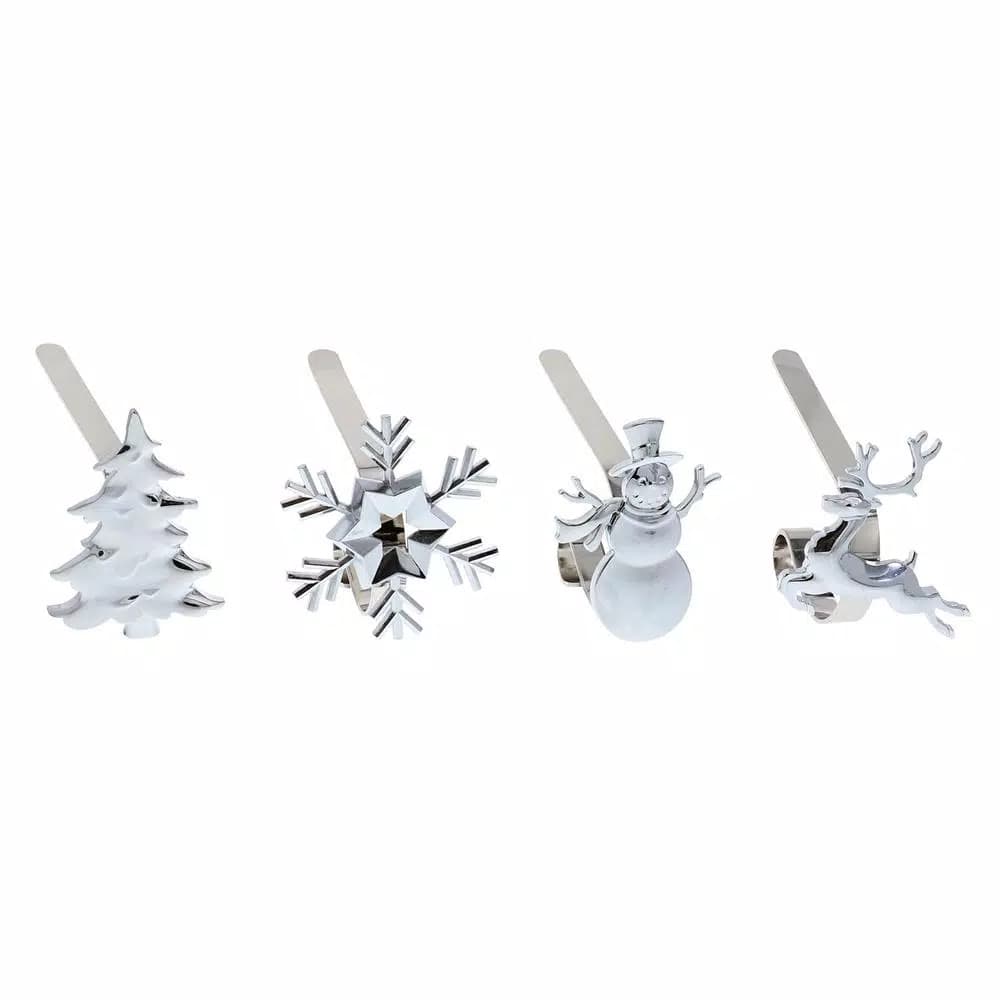 Haute Decor Silver MantleClip Stocking Holder with Assorted Holiday Icons, 4-Pack
