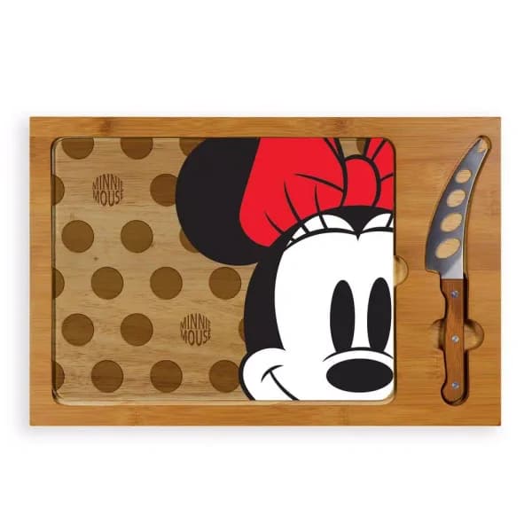 TOSCANA Minnie Mouse Icon Glass Top Serving Tray and Cheese Knife Set, Rubberwood & Bamboo