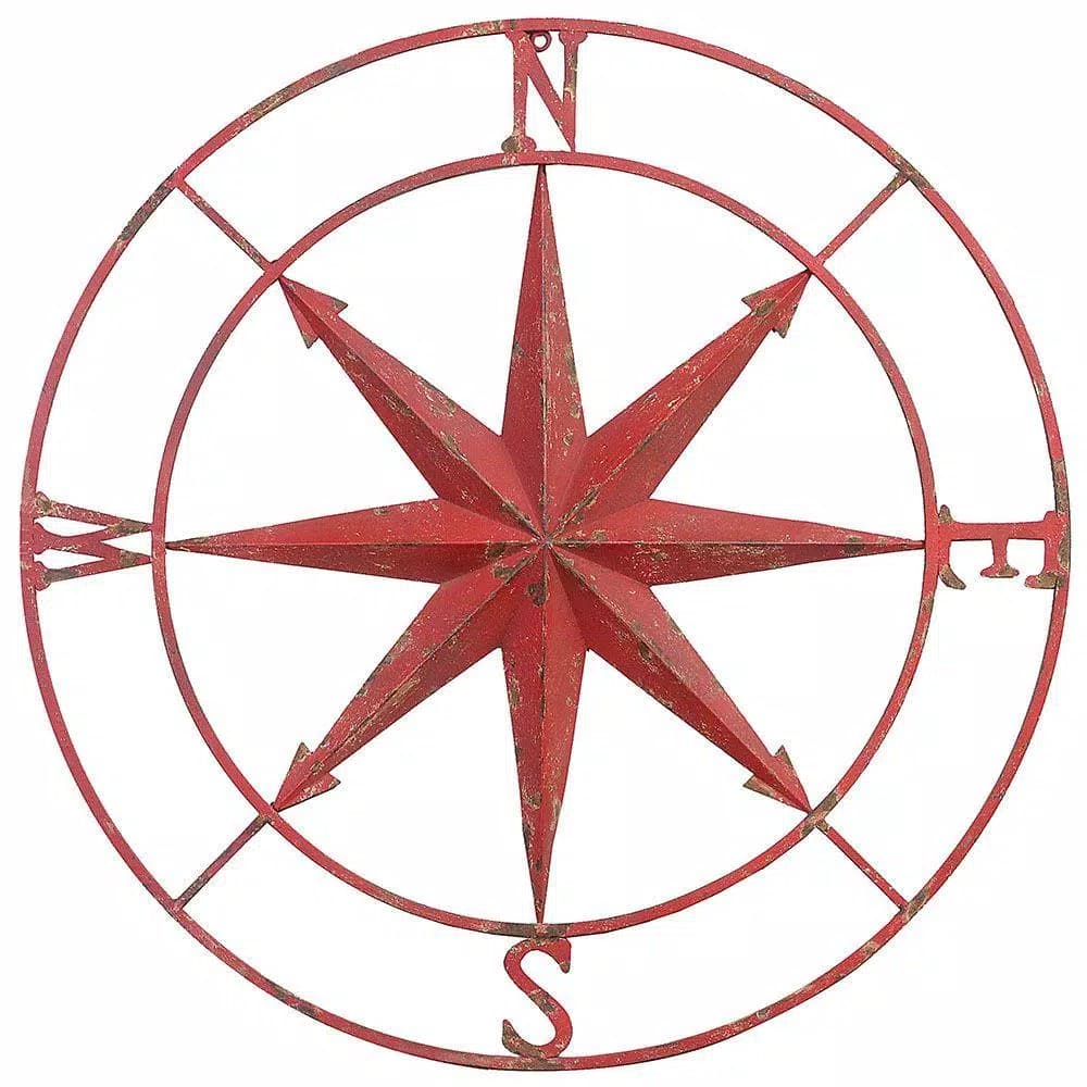 3R Studios 41 in. Compass Rose Metal Wall Plaque - Distressed Red Wall Decor