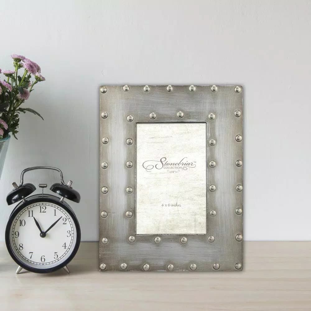 Stonebriar Collection Silver Rivet Detail Metal Picture Frame, 4x6 inch, Distressed Pewter Tabletop Photo Frame