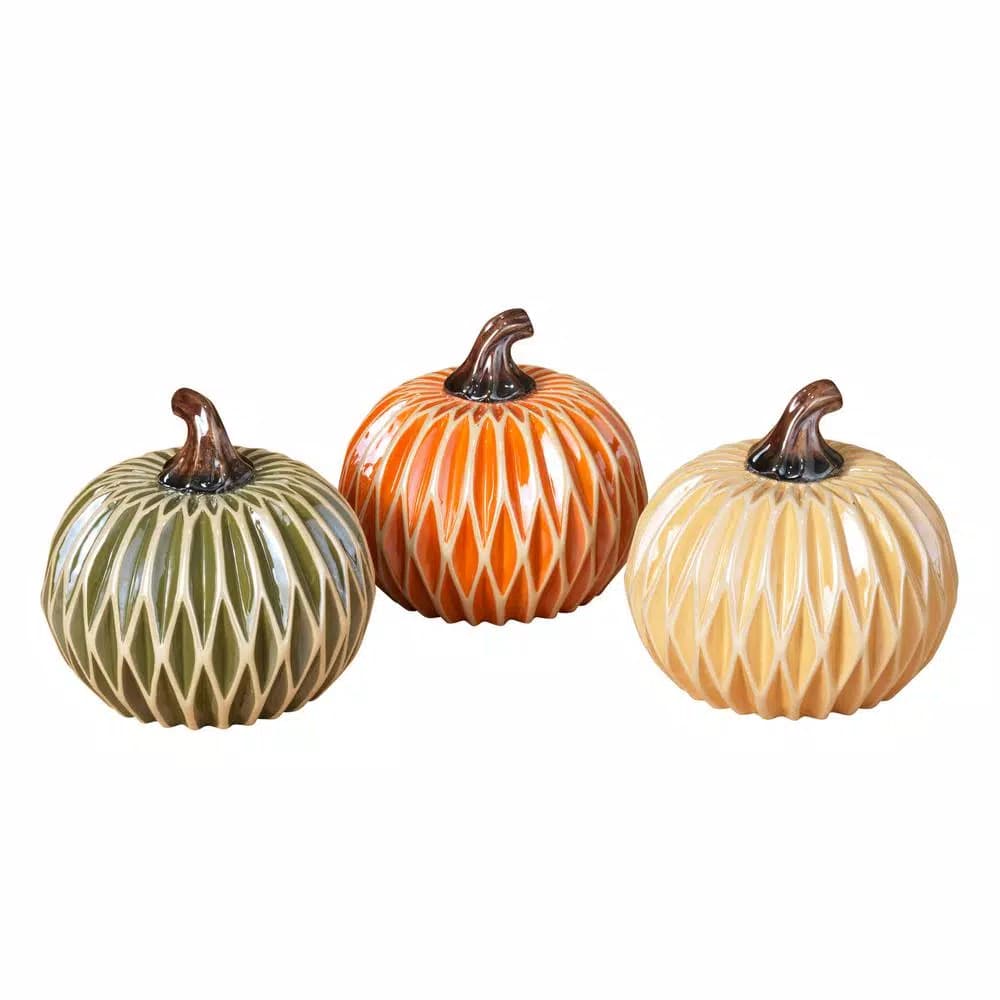 Gerson Assorted 6 in. Dolomite Ceramic Harvest Pumpkins, Diamond Texture Set of 3