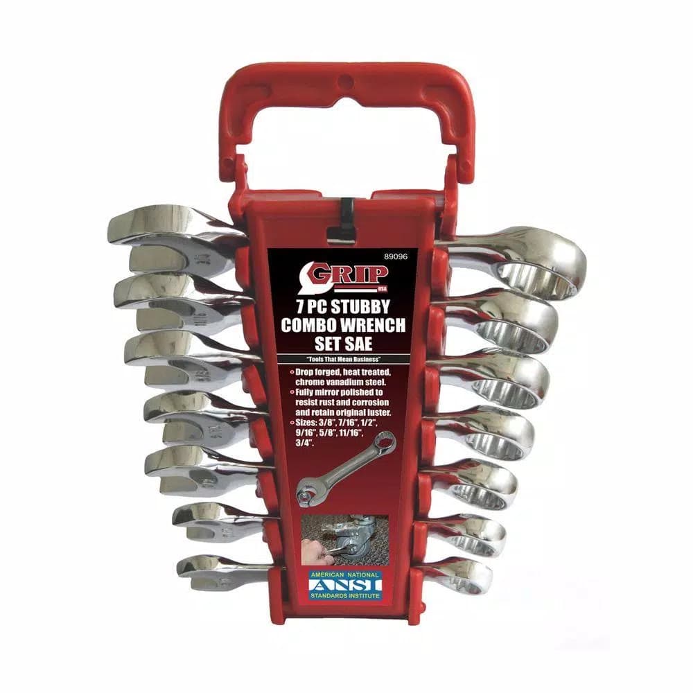 Grand Rapids Industrial Products Grip Stubby SAE Combination Wrench Set, 7-Piece Chrome Vanadium Steel