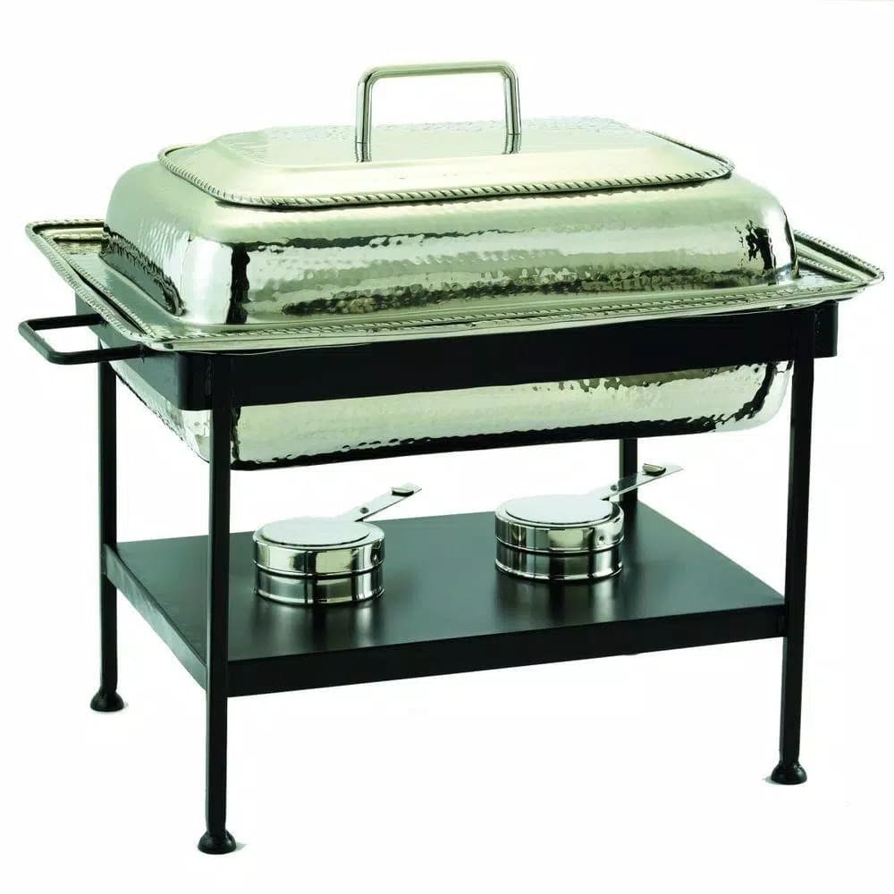 Old Dutch 8 Qt. Rectangular Polished Nickel over Stainless Steel Chafing Dish with Iron Stand
