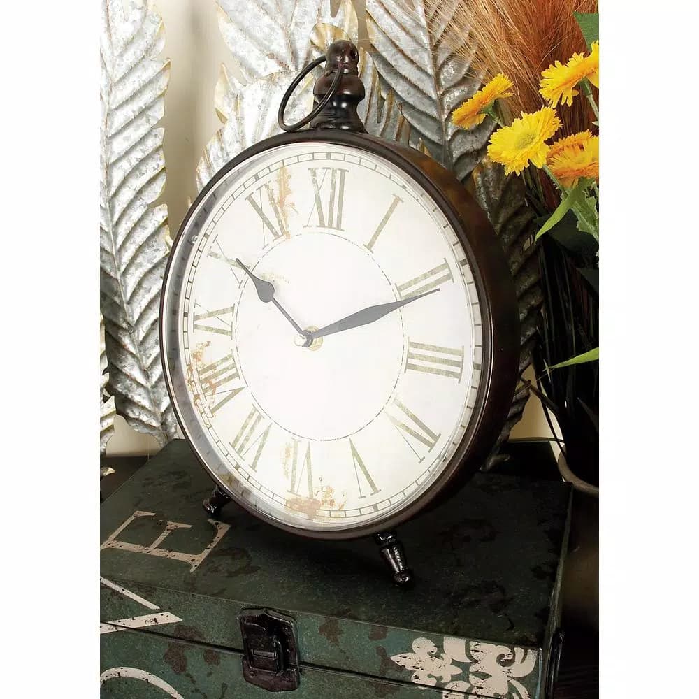 LITTON LANE Set of 4 Vintage-Style Round Peg-Legged Table Clocks, 12 in. x 9 in., Distressed Black and White