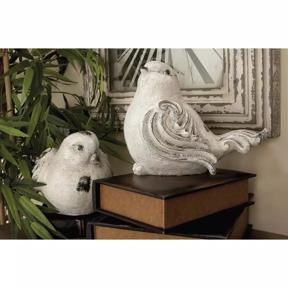 LITTON LANE 8 in. x 12 in. Decorative Bird Sculptures in Distressed White Polystone (Set of 2)