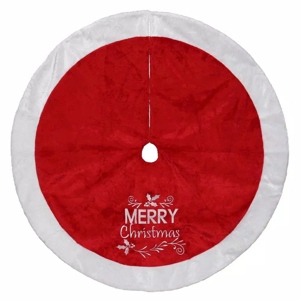 Dyno 48 in. Red Super Plush Embroidered Merry Christmas Tree Skirt with White Border