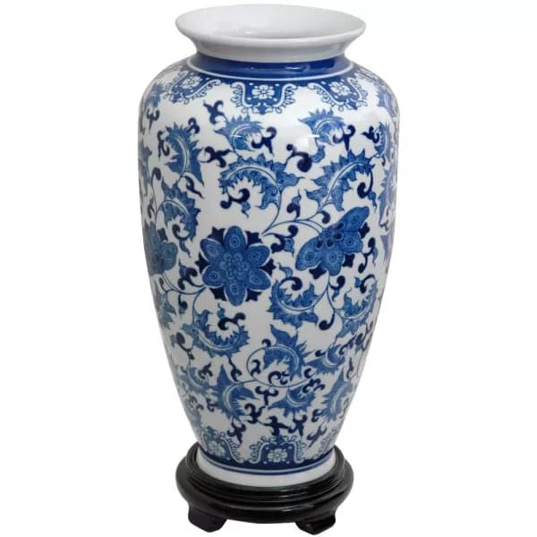 Oriental Furniture 14 in. Blue and White Porcelain Decorative Table Vase