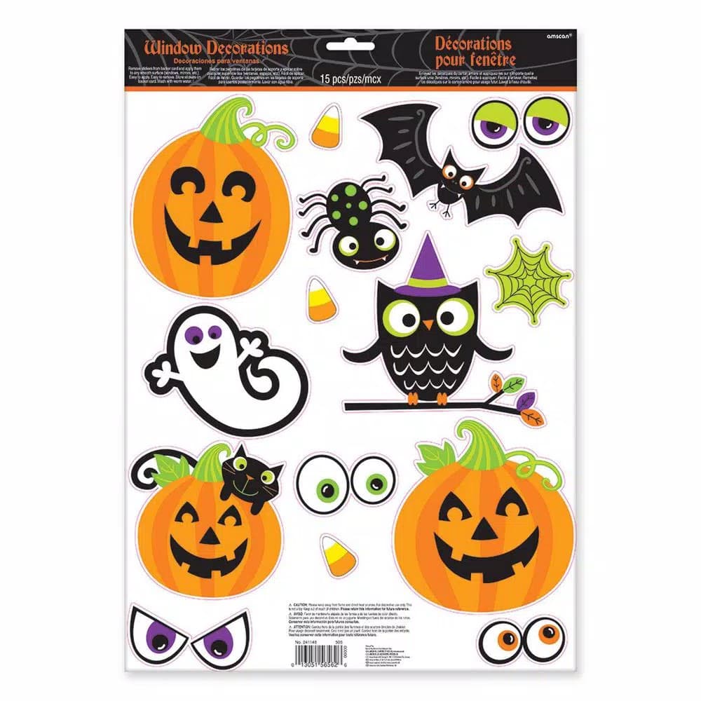 Amscan Halloween Family Friendly Window Decals, Reusable Vinyl Clings (6-Pack, 90 Total)