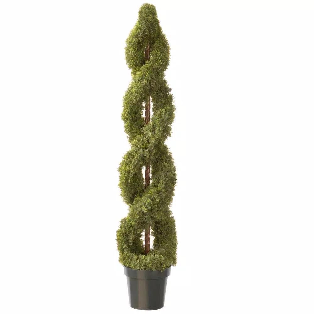 National Tree Company 60 in. Double Cedar Artificial Spiral Topiary Tree with Green Round Grower Pot