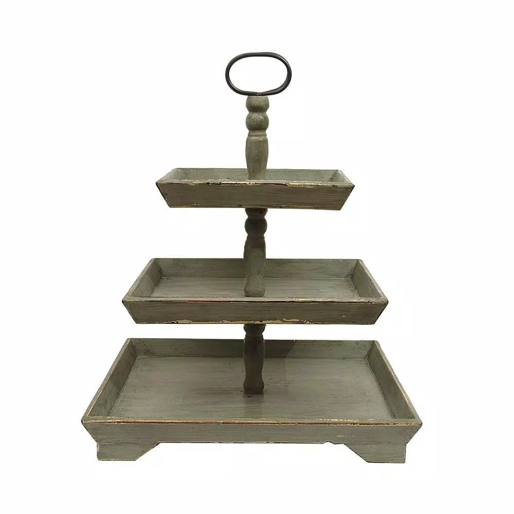 3R Studios Bungalow Lane Grey 3-Tier Decorative Tray with Distressed Wood & Metal Construction