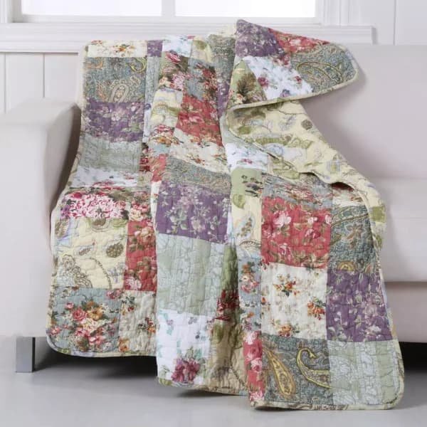 Greenland Home Fashions Blooming Prairie Multi Color Quilted Cotton Throw, Floral Patchwork Design
