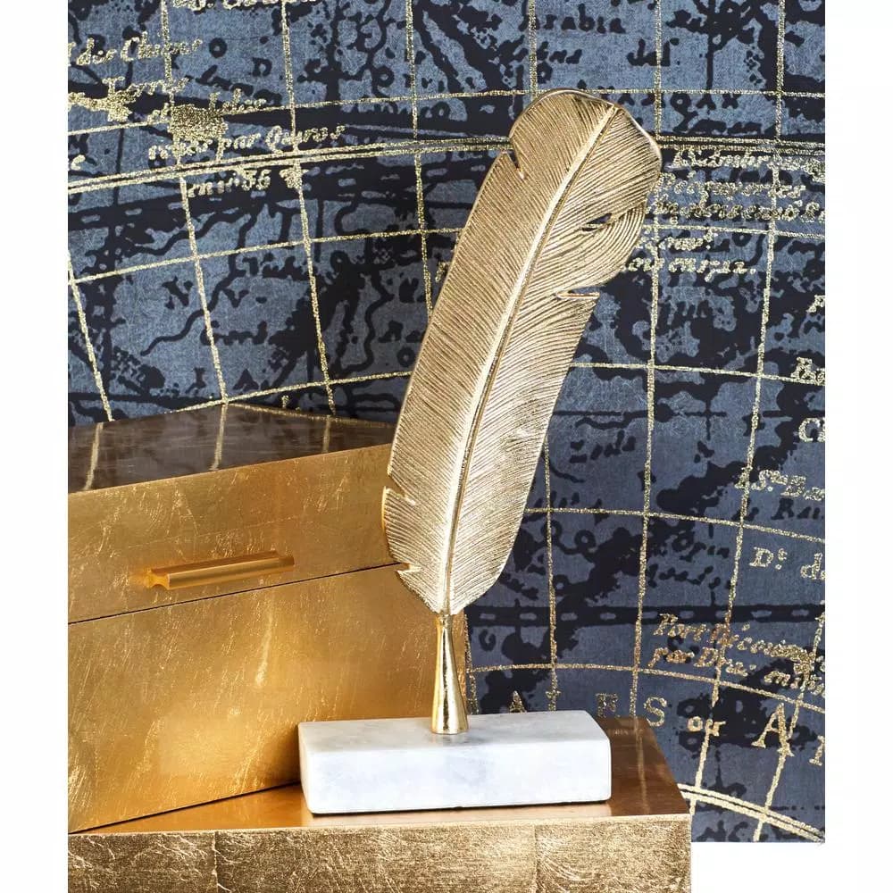 CosmoLiving by Cosmopolitan Gold Aluminum Feather Sculpture with White Marble Base - Antique Quill Decor