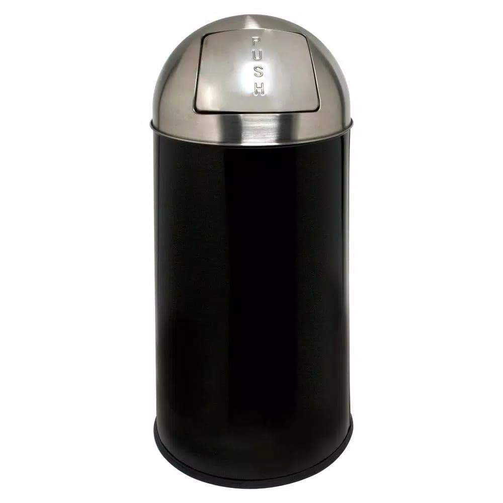 Genuine Joe 12 Gal. Black and Chrome Round Top Steel Trash Can with Push-to-Open Spring Door