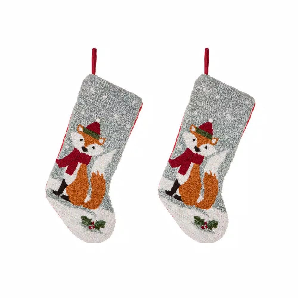 Glitzhome 19 in. Polyester Fox Hooked Christmas Stockings, 2-Pack