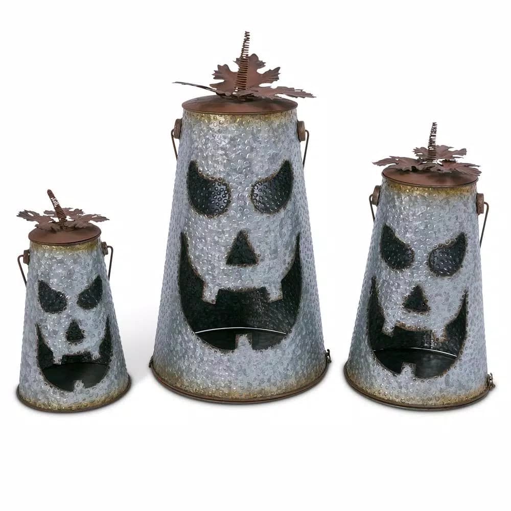 Gerson Assorted Metal Hammered Jack-O-Lantern Luminaries with Leaf Details, Set of 3