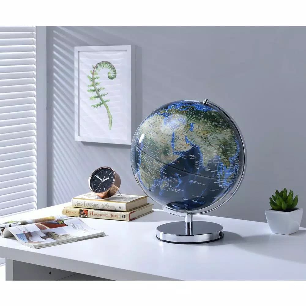 Unbranded 15 in. Blue Globe with City Lights and Chrome Metal Frame
