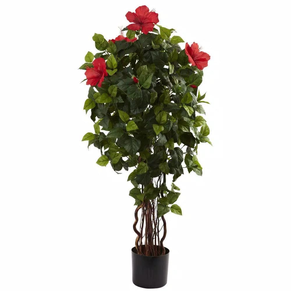Nearly Natural 4 ft. Artificial Hibiscus Tree with Lush Greenery and Colorful Blooms