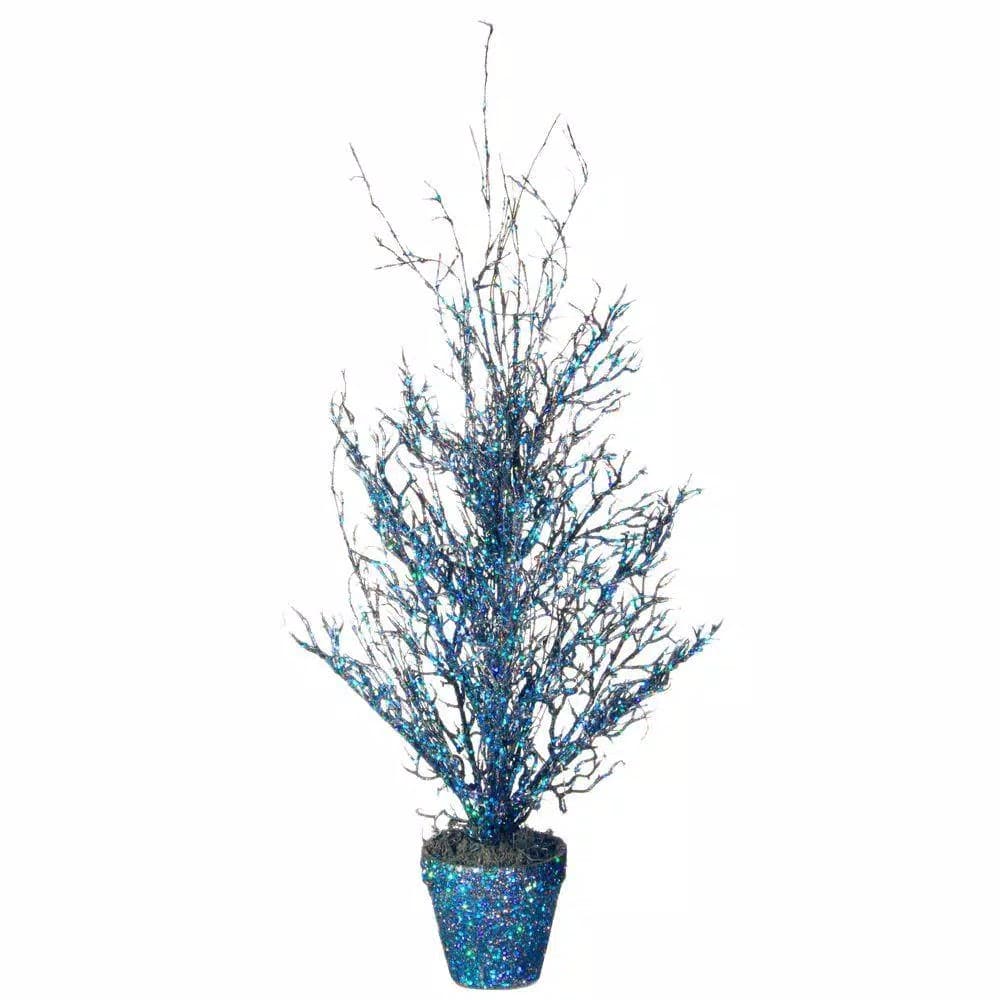 National Tree Company 26 in. Black Halloween Potted Tree with Blue and Silver Glitter Sequins