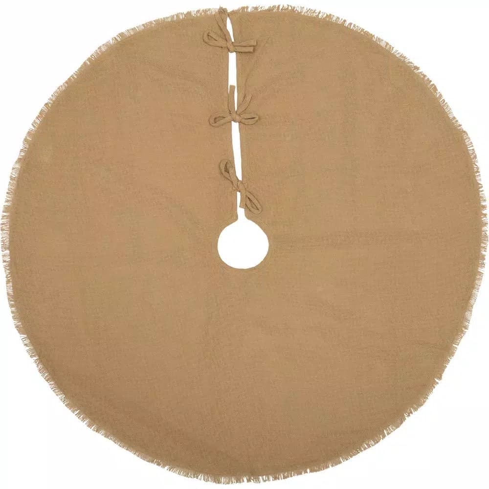 VHC Brands 48 in. Natural Burlap Christmas Tree Skirt with Fringed Edge and Taffeta Reverse